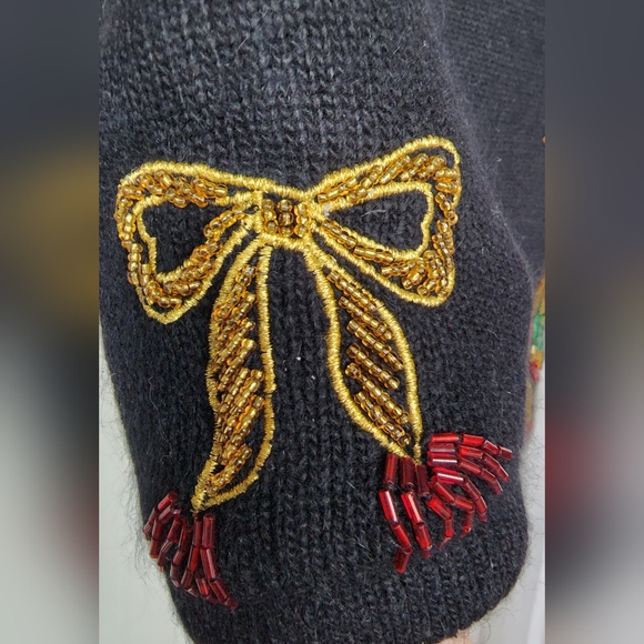 Vintage 80s black beaded sequin Xmas Christmas ornaments novelty sweater S - Picture 5 of 8